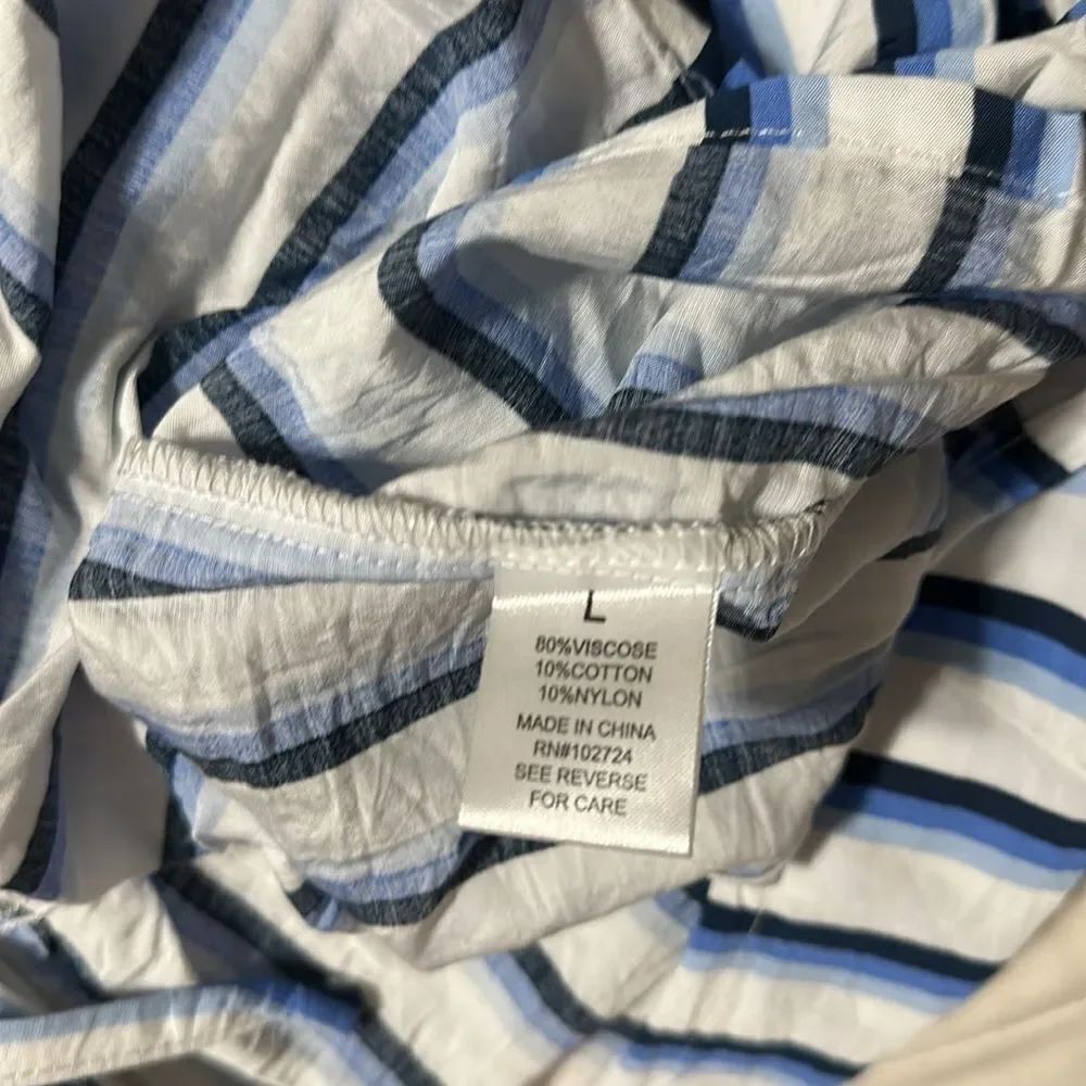 hester & orchard L White Blue Stripe Baby Doll Front Ties Quarter Sleeve Blouse - Picture 9 of 10